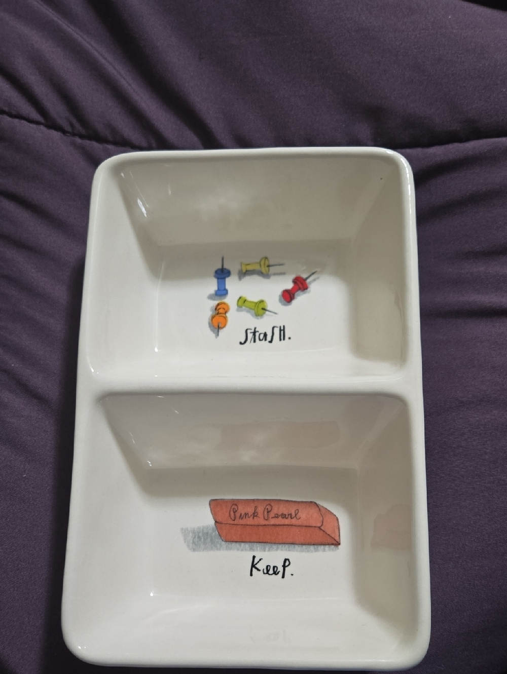 Rae Dunn Ceramic Two-Compartment Desk Tray with Pushpin and Eraser Art - Picture 1 of 4
